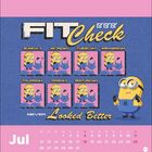 "FIT Check. Never Looked Better. Jul. Sunday bis Saturday. Illustration von gelber Figur in Latzhose mit verschiedenen Outfits."