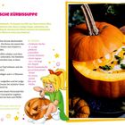 Hexische Kürbissuppe: Rezept und Zutatenliste, mit Illustration von Bibi, die einen Kürbis schnitzt. Rechts Kürbis mit Suppe.
