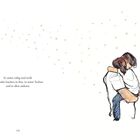 Ein Text sagt: "Er atmet ruhig und weiß: Der Funke leuchtet in ihm, in seiner Tochter und in allen anderen." Zeichnung zweier Umarmender.