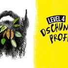 LEVEL 4 DSCHUNGELPROFI. Illustration eines Bartes mit verschiedenen Blättern, gelber Hintergrund.