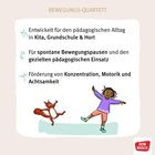 "Bewegungs-Quartett" für Kita, Grundschule, Hort. Spontane Bewegungspausen, pädagogischer Einsatz. Förderung von Konzentration, Motorik, Achtsamkeit. Zeichnung: Kind springt neben rotem Fuchs. 