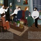 1900 - 24 Jahre. Personen sitzen und stehen in gemütlicher Runde, spielen Geige, trinken Wein, unterhalten sich in einem Atelier.