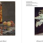 Linkes Bild: Einmachglas mit Pfirsichen. Rechtes Bild: Blumenstrauß in einer Vase.  
Texte: „Claude Monet“ und „Édouard Manet“.