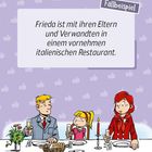 "Schmeckt's dir? Fallbeispiel. Frieda ist mit ihren Eltern und Verwandten in einem vornehmen italienischen Restaurant." Eine Illustration: Drei Personen an einem elegant gedeckten Tisch.