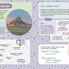 "Les vacances à la campagne", Tipps zu Unterkünften und Begriffe für Buchungen, Bild von Mont-Saint-Michel, Hintergrund mit lavendelfarbenem Muster.