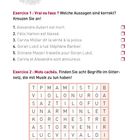 "Test final" und "Exercice 1: Vrai ou faux ?" Checkliste mit sechs Aussagen, darunter ein Buchstabengitter von 9x9.