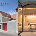 "IM KERN RADIKAL, Thürwächterhaus in Ingolstadt, Büro Mühlbauer." Links das Haus von außen, rechts ein moderner Innenraum.