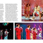 Texte: Verschiedene Absätze über Eurovision Song Contest Erlebnisse und Künstler. Unten: Bühne mit vier Musikern in Glitzerkleidung. Links: Sänger in sportlichem Outfit. Mitte: Drei Sänger in roten Anzügen.