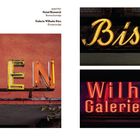 Texte: „Düsseldorf“, „Farben“, „Bismarck“, „Wilhelm Körs Galerie an der Börse“. Eine Collage von Leuchtreklamen.