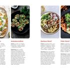 Texte: "Rezepte für den Mittag", "Chilaquiles", "Sommerrollen", "Quinoa Bowl", "Poke Bowl". Jeweils Zutaten und Zubereitung. 

Illustration: Vier Gerichte auf Tellern.