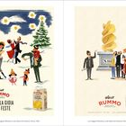 Links: "Esalta la gioia delle feste" mit tanzenden Menschen im Schnee. Rechts: Personen bestaunen goldene Skulptur „N.155“. Logo unten.