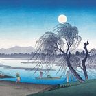 Illustration: Eine Abendlandschaft mit Fluss, Boot, Fischern und einem Baum, unter einer hellen Mondscheibe am Horizont.
