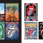 Sechs Plakate mit der ikonischen rollenden Zunge für verschiedene "Rolling Stones"-Konzerte und -Touren, bunt und kreativ.