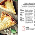 Tarte mit Birnen und Mandeln. Zutaten: Margarine, Zucker, Sojajoghurt, Mandeln. Anleitung umfasst 10 Schritte. Varianten mit Nüssen.