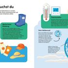 Texte: Notizblock, Wetterfeste Kleidung, Sonnenhut, Thermometer, Wolkenrad. Bunte Illustrationen von Outdoor-Ausrüstungen.