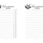 "Mein Stapel ungelesener Bücher. Titel und Autor*in. Gelesen." Zwei Spalten mit Linierungen und Kästchen zum Abhaken. Illustrationen von Bücherstapeln und einer Brille.