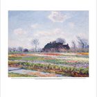 Claude Monet (1840-1926), Hyazinthenfelder bei Haarlem. Ein impressionistisches Gemälde zeigt ein Haus und blühende Felder unter bewölktem Himmel.