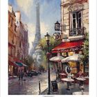 Gemälde: Eine belebte Pariser Straße mit dem Eiffelturm im Hintergrund, Cafégäste sitzen unter Sonnenschirmen.