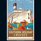 Illustration eines Kreuzfahrtschiffs mit dem Text "LAMPORT & HOLT LINE" und "SOUTHERN HOLIDAY CRUISES." Fröhliche Szene.