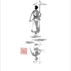 Zahlen 1 bis 31 unten, eine Person mit Regenschirm in Tinte gemalt, mit Reflexion und rotem Stempel links.