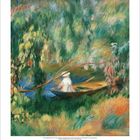 Gemälde von Pierre-Auguste Renoir: Eine Person sitzt in einem Boot, umgeben von üppigem, grünen Laubwerk am Wasser.