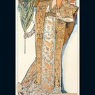 Text: "GISMONDA", "BERNHARDT", "THEATRE DE LA RENAISSANCE". Illustration mit Frau in kunstvollem Kleid, hält Palme.