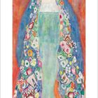 "Portrait einer Dame" von Gustav Klimt. Eine Frau in einem blumigen Gewand vor einem roten Hintergrund. Unten Kalender.