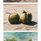 7, 2021. Kalender mit drei Bildern: Fahrrad am Strandweg, zwei Kokosnüsse im Sand, Luftaufnahme von Palmen und Meer.