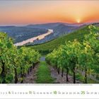 „7 2023“, ein Kalenderblatt. Weinberge führen zu einem Fluss, dahinter Hügel und ein Sonnenuntergang.
