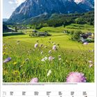 Kalenderseite für Juli 2022. Eine Blumenwiese im Vordergrund, dahinter ein Dorf vor imposanten Bergen.
