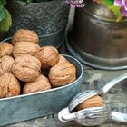 Herzförmige Metallschale mit Walnüssen, Nussknacker daneben, umgeben von Pflanzen und Blüten.