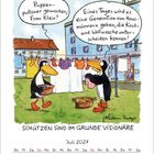 Illustration mit Pinguinen bei Wäscheleine: "Puppenpullover gewaschen, Frau Klein?" und "Hausmänner, die Wäschen unterscheiden."