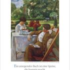 JUNI 22. Woche. Zitat: "Ein anregendes Buch ist eine Speise, die hungrig macht." Marie von Ebner-Eschenbach. Gemälde von zwei Personen im Garten.