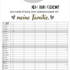 ICH BIN REICH! ICH HABE ETWAS, DAS UNBEZAHLBAR IST: meine Familie. Eine niedliche Illustration von Tieren in einer Hängematte. Darunter ein Monatskalender für Juli.