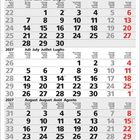 Kalender für 2027, zeigt Juni bis August. Tage und Monate in mehreren Sprachen. Wochenenden in Rot hervorgehoben.