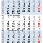 Kalender für 2027 mit den Monaten Juni, Juli und August, Wochenbeginn Montag. Wochenenden rot markiert.