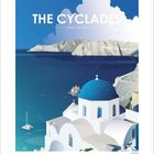 "The Cyclades, Greece | Santorini". Illustration: Blaues Kuppeldach, Gebäude, Meer, Klippen, Segelboot. Monatskalender unten.