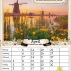 "Frühlingswind bläst gerne mächtig. Die Blumen wachsen trotzdem prächtig." Kalenderbild April mit Windmühlen.