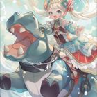 Illustration eines lächelnden Mädchens auf einem Hippo im Wasser, Kalenderzahlen unten aufgeführt.