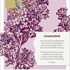 „Sommerabend“ Gedicht von Otto Baisch. Illustration: Fliederzweige, Vogel, Sonne im Hintergrund. Kalender für Juni 2027.