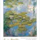 "SEEROSEN (NYMPHÉAS) CLAUDE MONET" darunter eine Impression von Seerosen auf Wasser in sanften Blau- und Grüntönen.