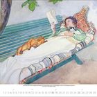 Illustration: Eine Frau liegt auf einer Gartenbank und liest, neben ihr ruht ein Hund. Kalenderblatt für Juli 2023.