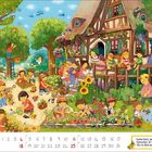 Text: "Suche Karl, das kleine Kaninchen, er hat sich 10x im Bild versteckt." Kalenderillustration mit spielenden Kindern, Garten.