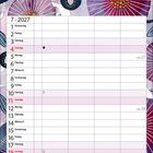 Kalenderblatt für Juli 2027 mit Wochentagen und Daten. Illustration: abstrakte Blumen in Rot- und Lilatönen.