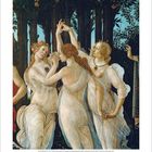 Juli, Kalender mit Bild von mythologischen Figuren, drei Frauen tanzen in einem Wald, elegante Kleider, Bäume im Hintergrund.