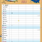 Kalender für Juli 2027, mit einer Illustration einer Rakete, einem Hase und einem Elefanten im Weltraum.