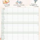 "Macht's euch schön im Juli" mit Sonnenuntergang, Sommerbuch, Fahrradtour, Wassereis und Wildblumenstrauß; Kalenderblatt 2027.