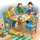 Illustration von vier Personen an einem Tisch beim Teetrinken. Ein Kind spielt Flöte. Ein Hund liegt auf dem Boden.