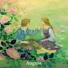 "August" und Wochentage, darunter ein romantisches Gemälde von einem Paar im Garten.