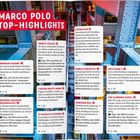 MARCO POLO TOP-HIGHLIGHTS. Mehrere Textfelder beschreiben Sehenswürdigkeiten in Dublin, mit Tipps und Seitenzahlen. Im Hintergrund Stahlkonstruktionen.
